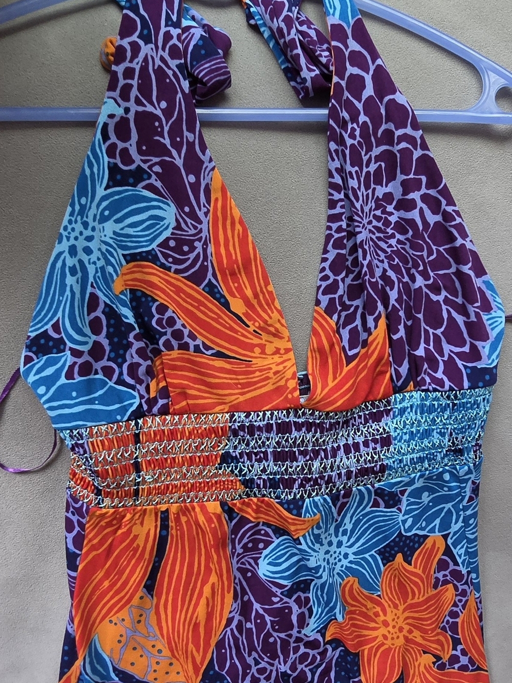 Moda International Purple Halter Top with Orange & Blue Floral Print
